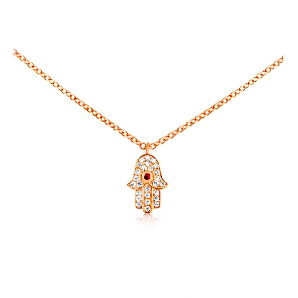 $2200 EFFY 14K Rose gold necklace Ruby Diamond Hamsa Hand of Fatima pendant box